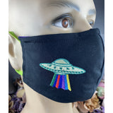 Handsewn and Machine-Embroidered Face Cover with Filter Pocket, Bendable Nose Wire, Adjustable Elastic - Spaceship and Alien - 5 Sizes