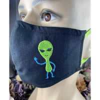 Handsewn and Machine-Embroidered Face Cover with Filter Pocket, Bendable Nose Wire, Adjustable Elastic - Spaceship and Alien - 5 Sizes