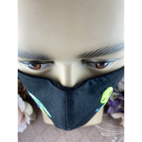 Handsewn and Machine-Embroidered Face Cover with Filter Pocket, Bendable Nose Wire, Adjustable Elastic - Spaceship and Alien - 5 Sizes