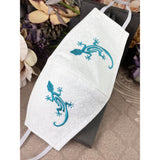 Handsewn and Machine-Embroidered Face Cover with Filter Pocket, Bendable Nose Wire, & Adjustable - Turquoise Gecko - 5 Sizes