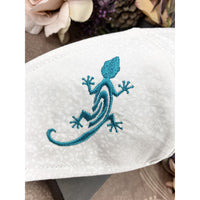 Handsewn and Machine-Embroidered Face Cover with Filter Pocket, Bendable Nose Wire, & Adjustable - Turquoise Gecko - 5 Sizes