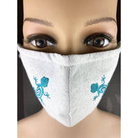 Handsewn and Machine-Embroidered Face Cover with Filter Pocket, Bendable Nose Wire, & Adjustable - Turquoise Gecko - 5 Sizes