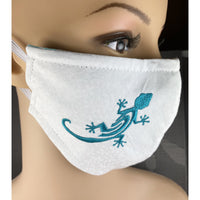 Handsewn and Machine-Embroidered Face Cover with Filter Pocket, Bendable Nose Wire, & Adjustable - Turquoise Gecko - 5 Sizes