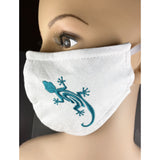 Handsewn and Machine-Embroidered Face Cover with Filter Pocket, Bendable Nose Wire, & Adjustable - Turquoise Gecko - 5 Sizes