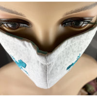 Handsewn and Machine-Embroidered Face Cover with Filter Pocket, Bendable Nose Wire, & Adjustable - Turquoise Gecko - 5 Sizes