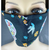 Handsewn Face Cover with Filter Pocket, Bendable Nose Wire, & Adjustable Elastic - Glittery Folkloric Skulls - 5 Sizes