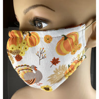 Handsewn Face Cover, Filter Pocket, Bendable Nose Wire, & Pre-Washed - Thanksgiving Turkey - 5 Sizes