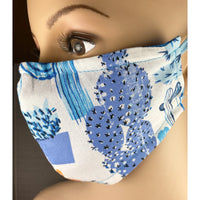 Handsewn Face Cover, Filter Pocket, Bendable Nose Wire, & Pre-Washed - Blue Cactus - 5 Sizes