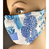 Handsewn Face Cover, Filter Pocket, Bendable Nose Wire, & Pre-Washed - Blue Cactus - 5 Sizes