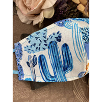 Handsewn Face Cover, Filter Pocket, Bendable Nose Wire, & Pre-Washed - Blue Cactus - 5 Sizes