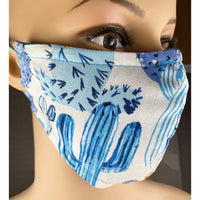 Handsewn Face Cover, Filter Pocket, Bendable Nose Wire, & Pre-Washed - Blue Cactus - 5 Sizes