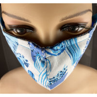 Handsewn Face Cover, Filter Pocket, Bendable Nose Wire, & Pre-Washed - Blue Cactus - 5 Sizes