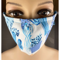 Handsewn Face Cover, Filter Pocket, Bendable Nose Wire, & Pre-Washed - Blue Cactus - 5 Sizes