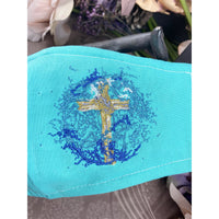 Handsewn and Machine-Embroidered Face Cover with Filter Pocket, Bendable Nose Wire, & Adjustable - Doves and Cross in Splash - 5 Sizes