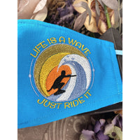 Handsewn and Machine-Embroidered Face Cover with Filter Pocket, Bendable Nose Wire, & Adjustable - Must Go Surfing - 5 Sizes