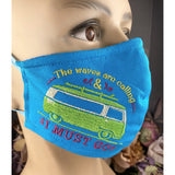 Handsewn and Machine-Embroidered Face Cover with Filter Pocket, Bendable Nose Wire, & Adjustable - Must Go Surfing - 5 Sizes