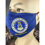 Handsewn and Machine-Embroidered Face Cover with Filter Pocket, Bendable Nose Wire, & Adjustable - USAF Veteran Personalized - 5 Sizes