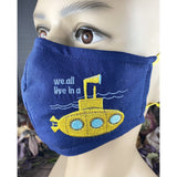 Handsewn and Machine-Embroidered Face Cover with Filter Pocket, Bendable Nose Wire, & Adjustable - Yellow Submarine - 5 Sizes
