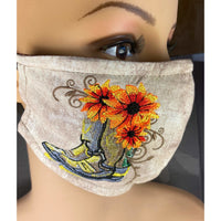 Handsewn and Machine-Embroidered Face Cover with Filter Pocket, Bendable Nose Wire, & Adjustable - Western Boots and Sunflowers - 5 Sizes