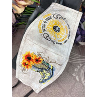 Handsewn and Machine-Embroidered Face Cover with Filter Pocket, Bendable Nose Wire, & Adjustable - Western Boots and Sunflowers - 5 Sizes