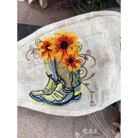Handsewn and Machine-Embroidered Face Cover with Filter Pocket, Bendable Nose Wire, & Adjustable - Western Boots and Sunflowers - 5 Sizes