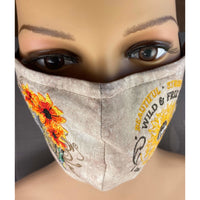 Handsewn and Machine-Embroidered Face Cover with Filter Pocket, Bendable Nose Wire, & Adjustable - Western Boots and Sunflowers - 5 Sizes