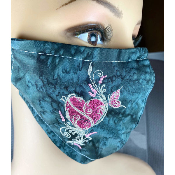 Handsewn and Machine-Embroidered Face Cover with Filter Pocket, Bendable Nose Wire, & Adjustable - Ornamental Heart - 5 Sizes