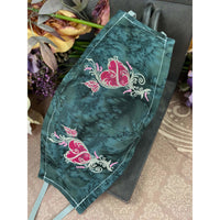 Handsewn and Machine-Embroidered Face Cover with Filter Pocket, Bendable Nose Wire, & Adjustable - Ornamental Heart - 5 Sizes