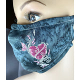 Handsewn and Machine-Embroidered Face Cover with Filter Pocket, Bendable Nose Wire, & Adjustable - Ornamental Heart - 5 Sizes