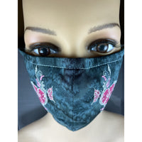 Handsewn and Machine-Embroidered Face Cover with Filter Pocket, Bendable Nose Wire, & Adjustable - Ornamental Heart - 5 Sizes
