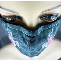 Handsewn and Machine-Embroidered Face Cover with Filter Pocket, Bendable Nose Wire, & Adjustable - Ornamental Heart - 5 Sizes