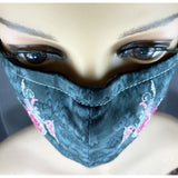 Handsewn and Machine-Embroidered Face Cover with Filter Pocket, Bendable Nose Wire, & Adjustable - Ornamental Heart - 5 Sizes