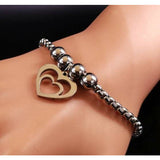 Adjustable Stainless Steel Chain Bracelet with Double Heart Charm