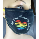 Handsewn and Machine-Embroidered Face Mask with Filter Pocket, Bendable Nose Wire, & Adjustable - All You Need Is Love  - 5 Sizes