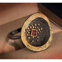Sterling Silver Two-Tone w/ Garnet Crystal Stone Artisan Textured & Patina Ring
