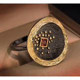Sterling Silver Two-Tone w/ Garnet Crystal Stone Artisan Textured & Patina Ring