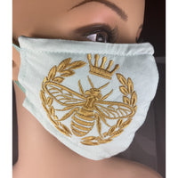 Handsewn and Machine-Embroidered Face Mask with Filter Pocket, Bendable Nose Wire, & Adjustable - Golden Queen Bee - 5 Sizes