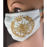 Handsewn and Machine-Embroidered Face Mask with Filter Pocket, Bendable Nose Wire, & Adjustable - Golden Queen Bee - 5 Sizes