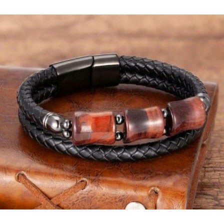 Natural Red (Heat Treated) Tiger's Eye Gun Metal-Tone Stainless Steel & Leather Bracelet  - 2 Sizes