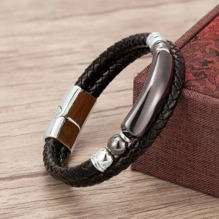 Natural Hematite Silver-Tone Stainless Steel & Leather Bracelet  - 3 Sizes