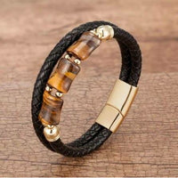 Natural Tiger's Eye Silver-Tone Stainless Steel & Leather Bracelet  - 3 Sizes