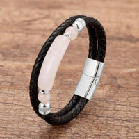 Natural Rose Quartz Silver-Tone Stainless Steel & Leather Bracelet  - 3 Sizes