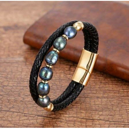 Natural Peacock Freshwater Pearl Gold-Tone Stainless Steel & Leather Bracelet  - 2 Sizes