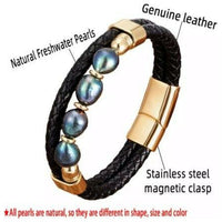 Natural Peacock Freshwater Pearl Gold-Tone Stainless Steel & Leather Bracelet  - 2 Sizes