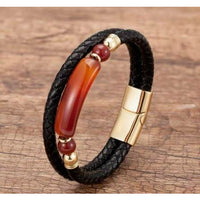Natural Red Carnelian Gold-Tone Stainless Steel & Leather Bracelet  - 2 Sizes