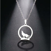 Stainless Steel Necklace with Howling Wolf on a Hill Charm and 18" Chain: 2 Color Options