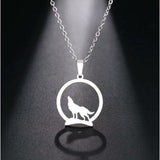 Stainless Steel Necklace with Howling Wolf on a Hill Charm and 18" Chain: 2 Color Options