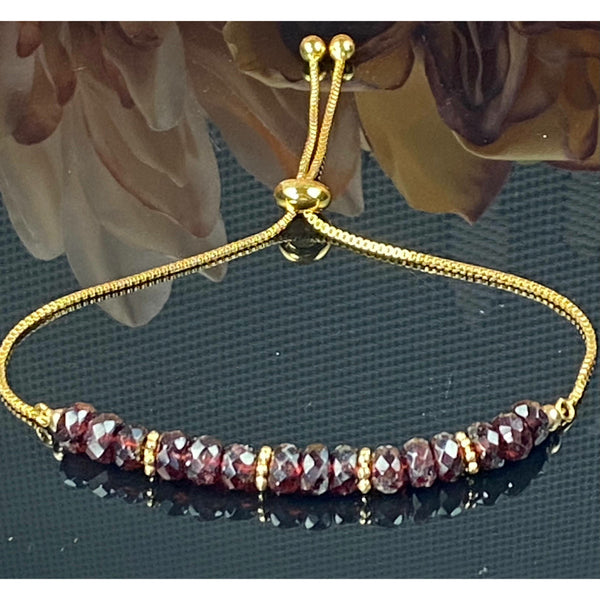Dainty and Sparkly Natural Garnet & Gold-Plated Sterling Beads with Adjustable Stainless Steel Box Chain Bracelet