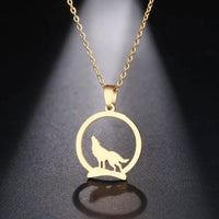 Stainless Steel Necklace with Howling Wolf on a Hill Charm and 18" Chain: 2 Color Options