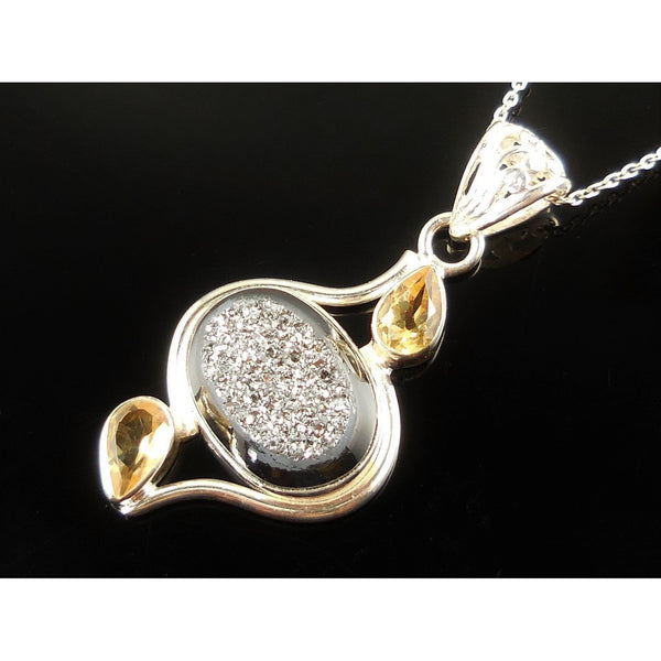 Hematite Drusy & Citrine Sterling Silver Pendant/Necklace